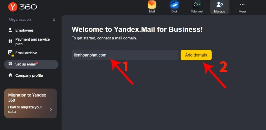 xác nhận tên miền yandex